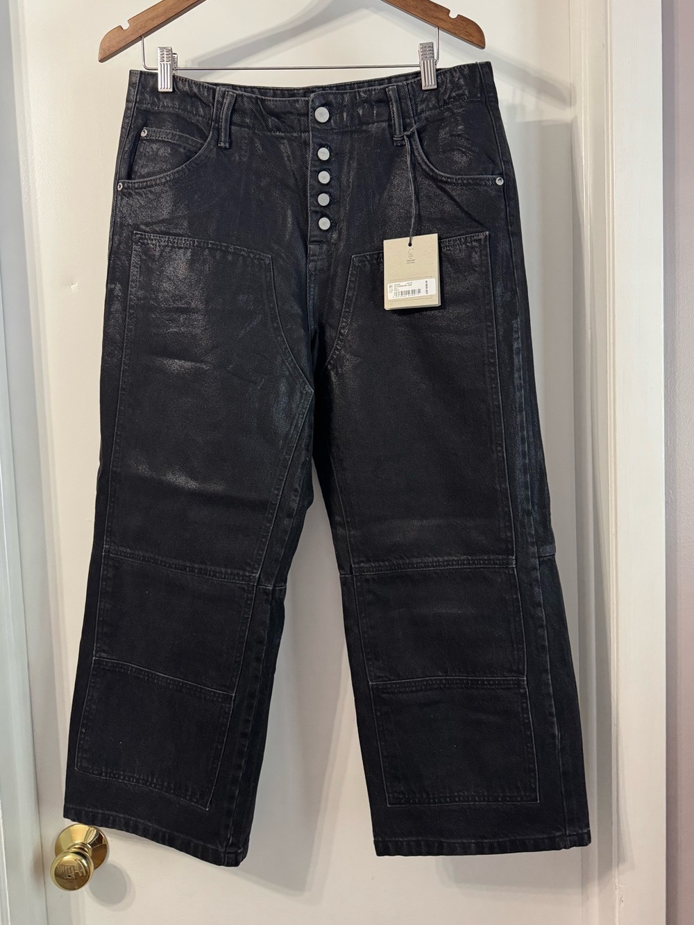 All Saints  Black Carpenter Ankle Length Jeans with Button Fly (Shine material)
